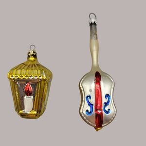 Vintage Glass Christmas Violin & Lantern Ornaments Set Of 2 Holiday Tree Decor